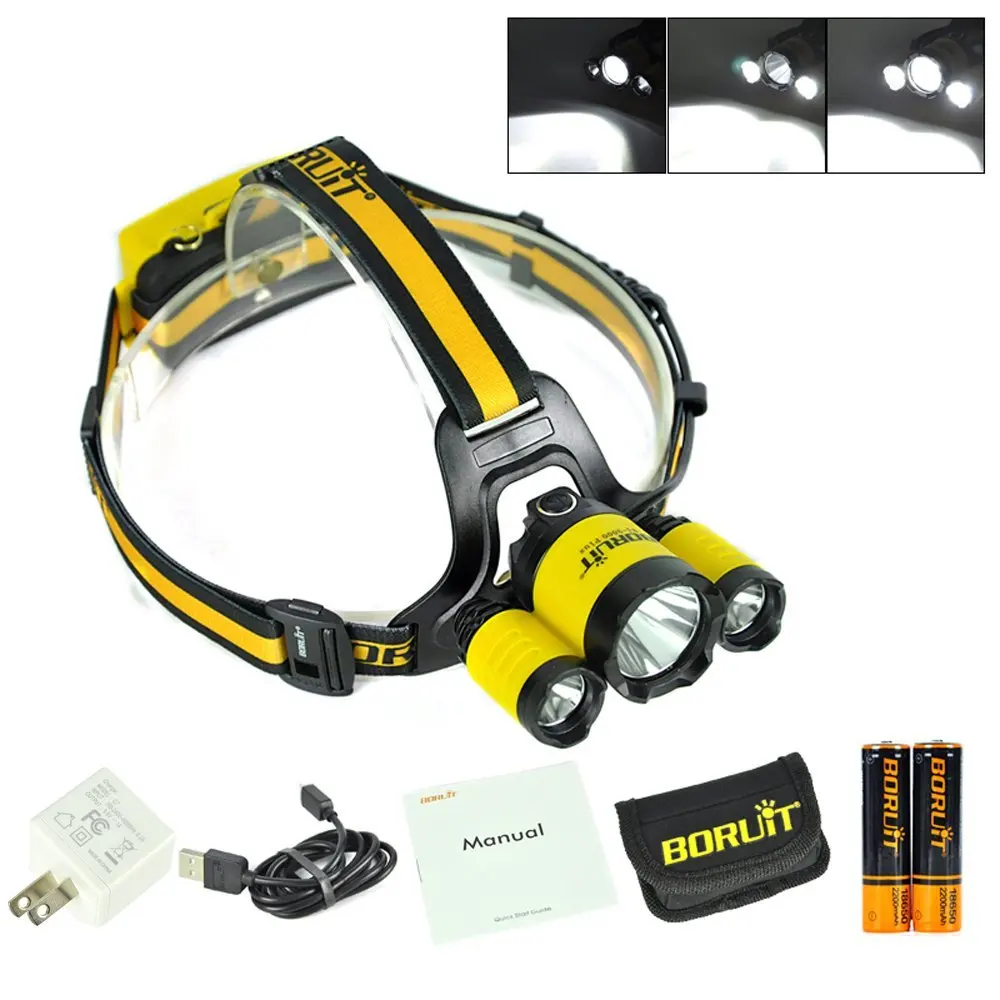 

Boruit Upgraded Rechargeable Headlamp 3xCREE XM-L T6 led Headlight Bicycle Head torch Lantern Fishing Head Lamp hunting light