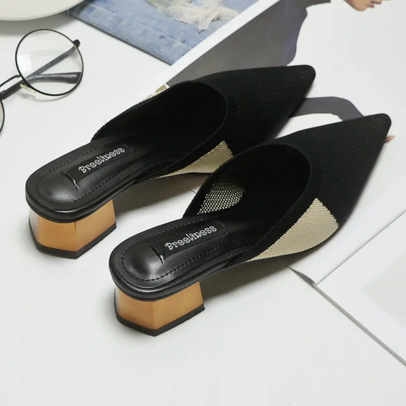 Смешанные подходящие по цвету туфли женские заостренные квадратные Тапочки ручной вязки zapatos de mujer туфли без задника на среднем каблуке 4,5 см - Цвет: Черный