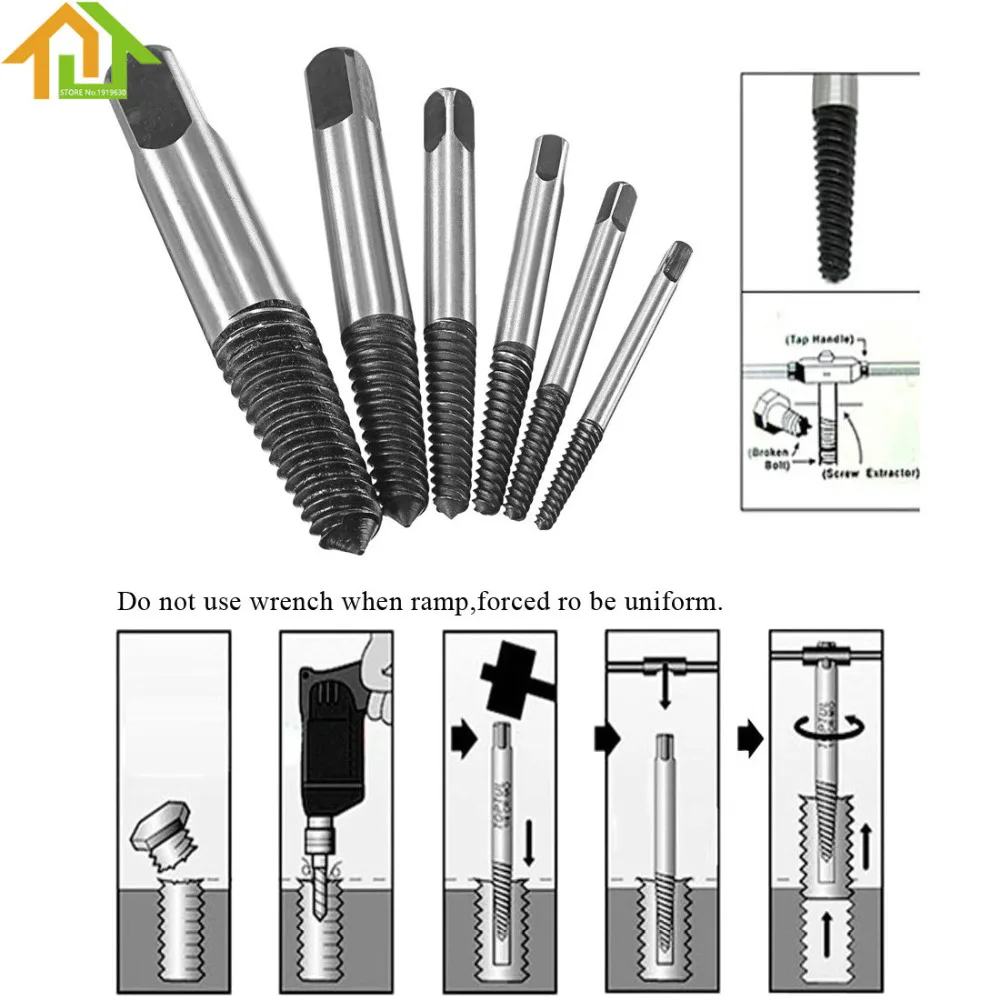6Pcs Screw Extractor Out Set Drill Bits Guide Broken Damaged Bolt