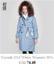Toyouth Пуховые пальто Зима Женщины контрастного Цвет вышивка свободные длинные Стиль с капюшоном пальто