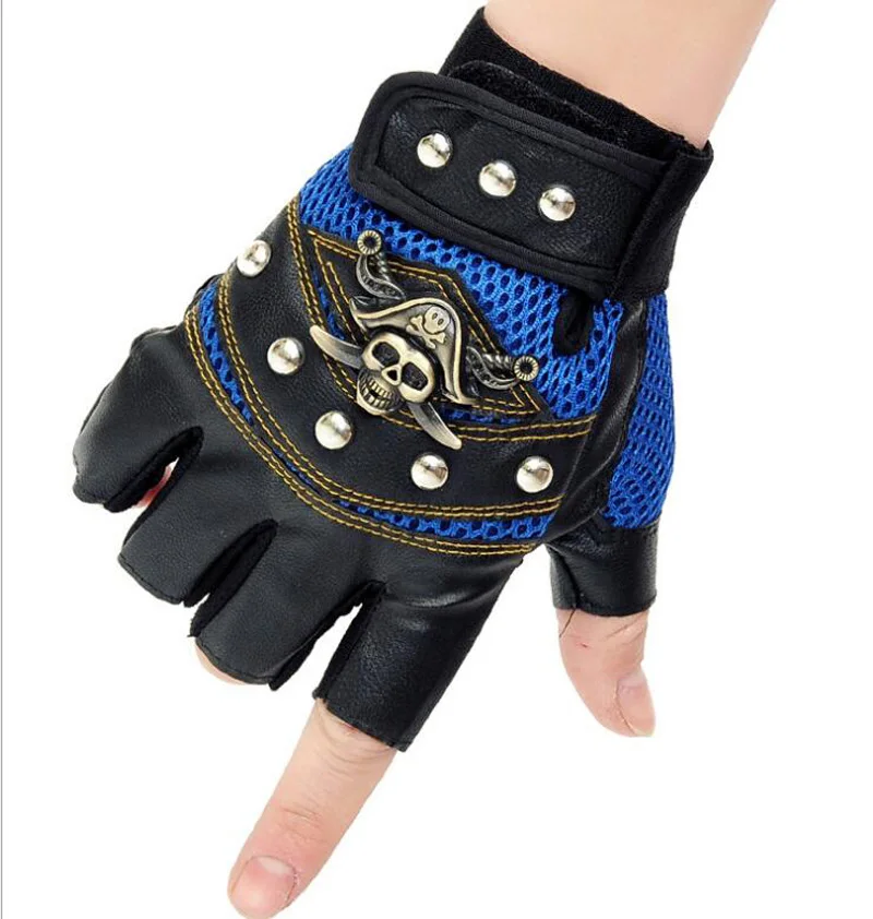 Крутые пиратские череп заклепки панк-перчатки из искусственной кожи перчатки для велоспорта половина пальца Спорт на открытом воздухе армейские военные тактические бои перчатки G12 - Цвет: Blue