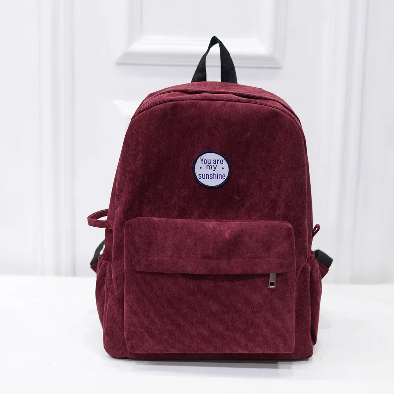 

RU&BR Retro Backpack College Student School Corduroy Backpack Bags Arcuate Shoulder Strap Zipper Solid Color Casual Bags