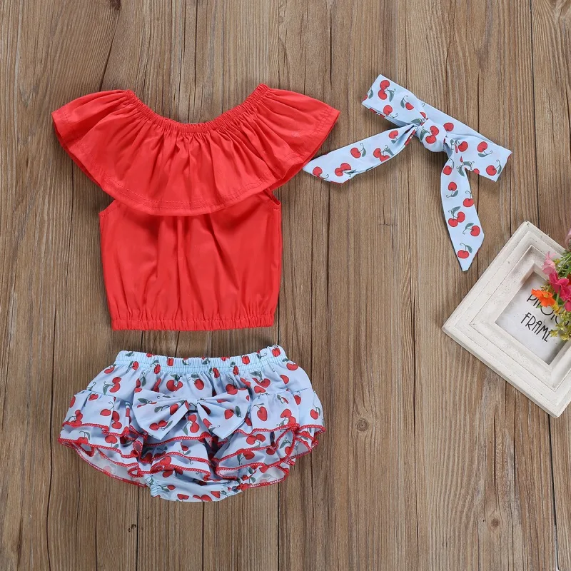 

Summer Baby Girl Sleeveless Romper Cherry Print PP Pants with Bowknot Design Headband Costume