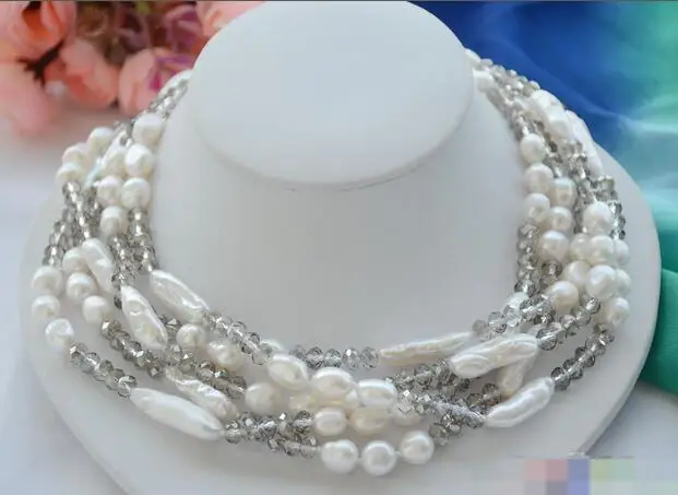 

song voge gem nanJ1190 5row NATURE white baroque BIWA FW pearl faceted crystal necklace