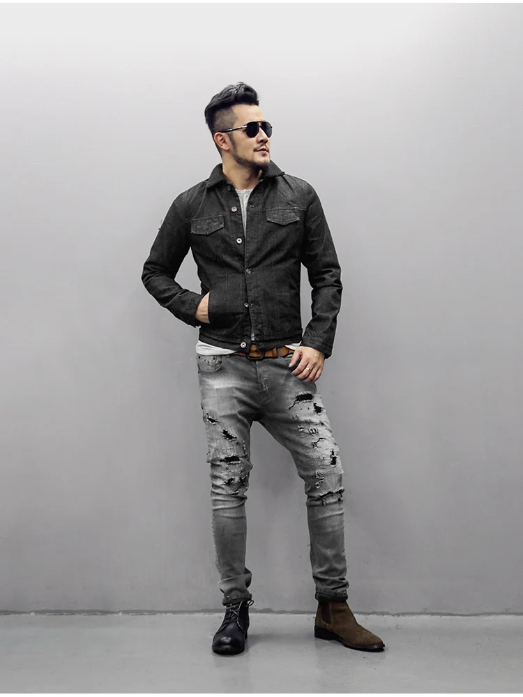 Мужские Ретро вымытые узкие прямые повседневные рваные джинсы с пуговицами и дырками, мужские эластичные серые зимние джинсы в стиле хип-хоп K786