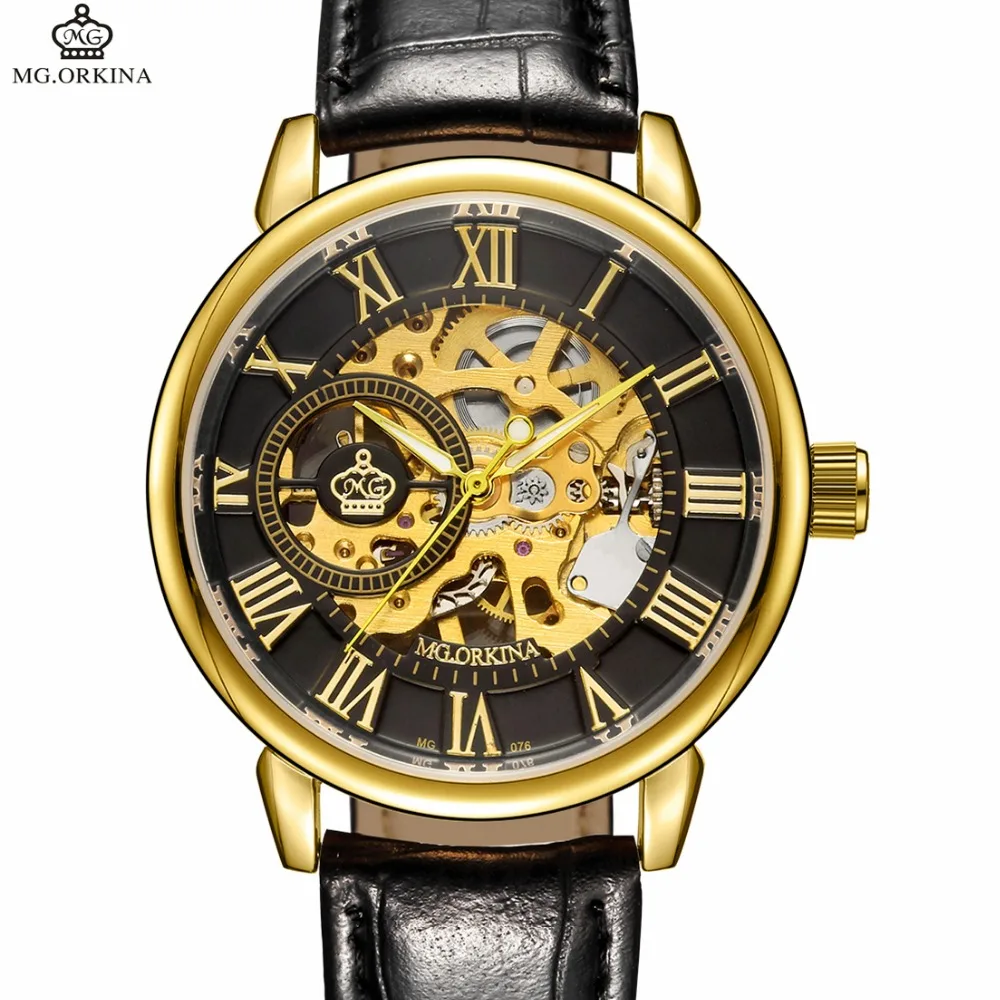 

ORKINA Men Watches Top Brand Luxury Mechanical Skeleton Watch Black Golden 3D Literal Design Roman Number Black Dial Designer