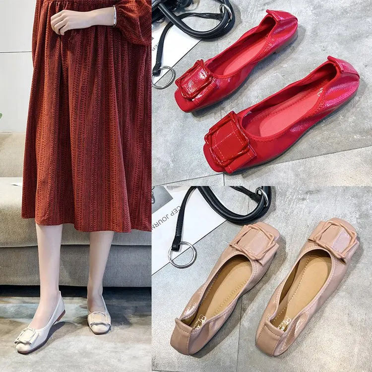 

Spring And Autumn Flat Bottom Square Head Single Shoes Women Shallow Mouth Button Heel Bean Work Black Ballet Flats Square