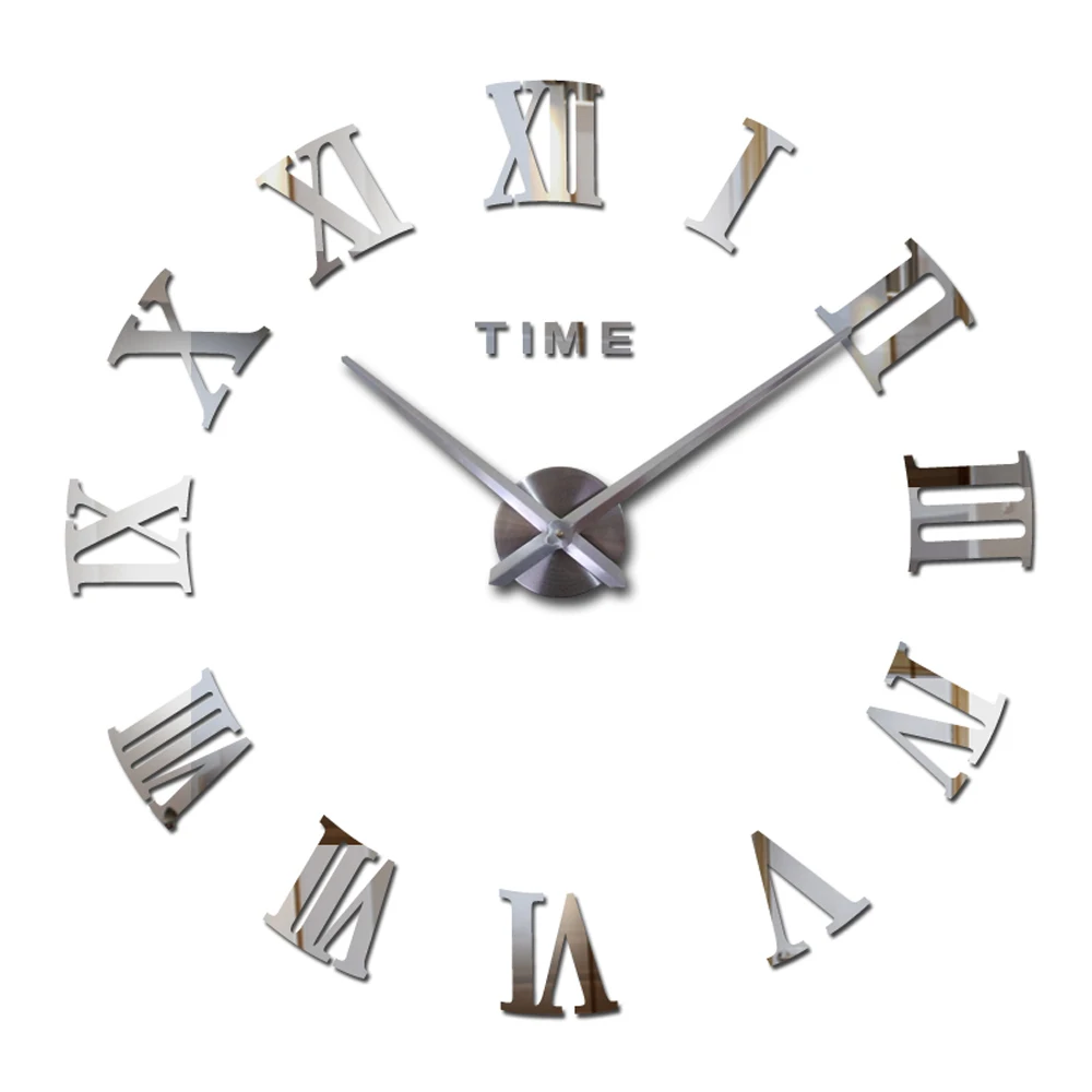 Большие настенные часы современный дизайн 3D DIY большие часы римские цифры акриловые зеркальные наклейки большие настенные часы для гостиной - Цвет: Silver