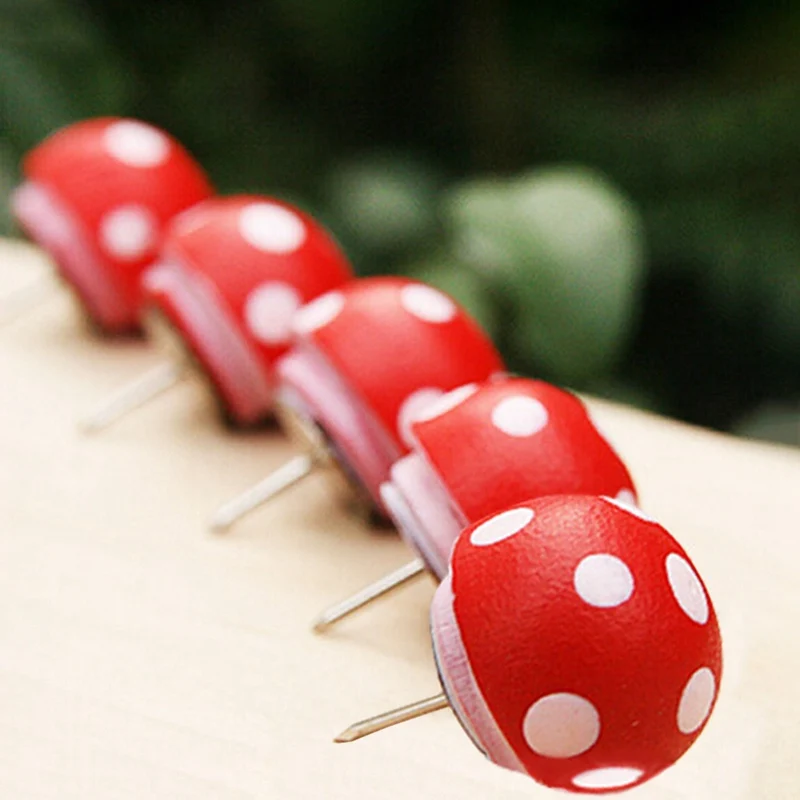 

Cute novelty polka dots mushrooms shape wooden pushpin 5 pcs/set colored decorative tack cork nail school office supplie