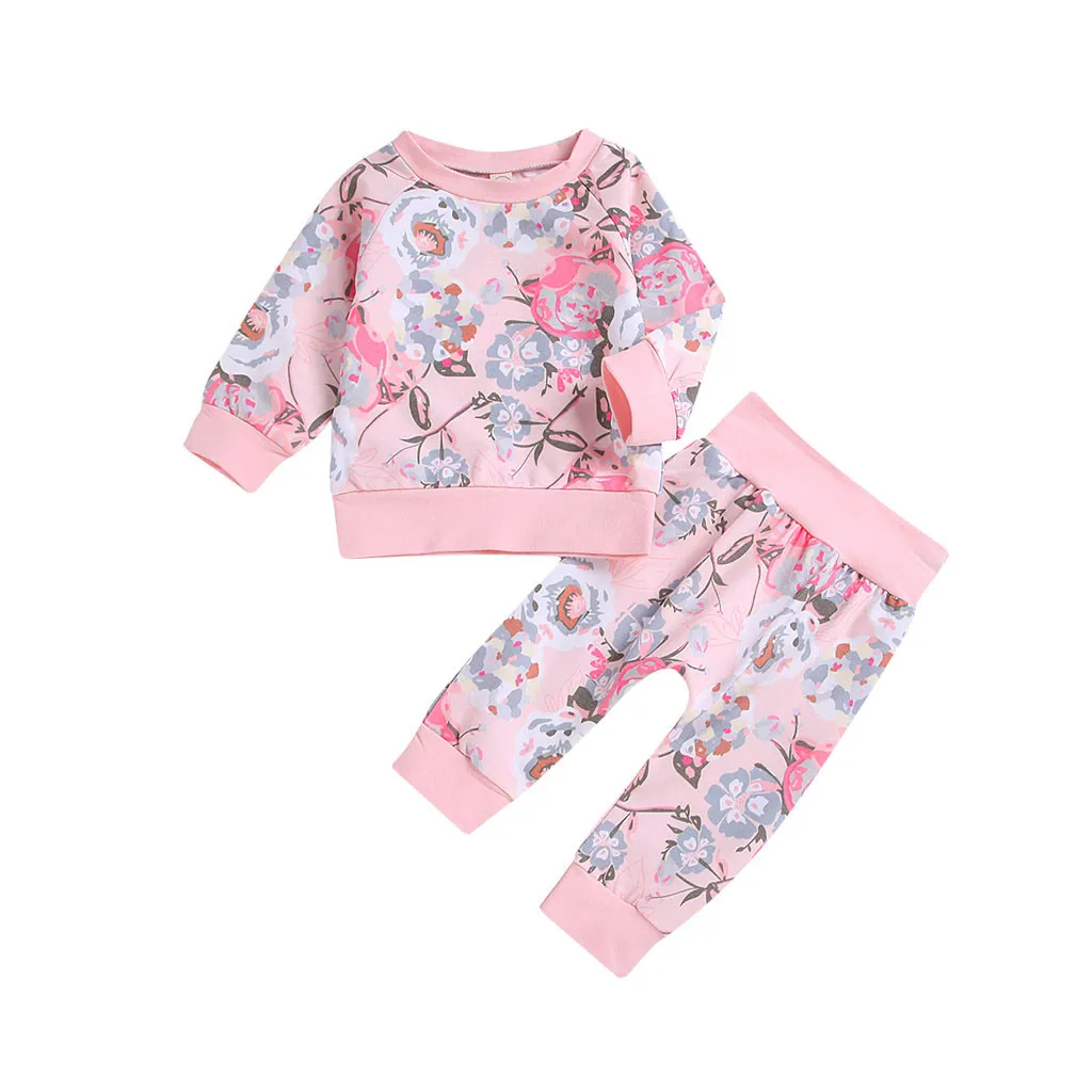 Комплект одежды из 2 предметов для маленьких девочек, г. Топ с длинными рукавами и цветочным принтом+ штаны, комплект одежды, Детский костюм Одежда для девочек - Цвет: Pink