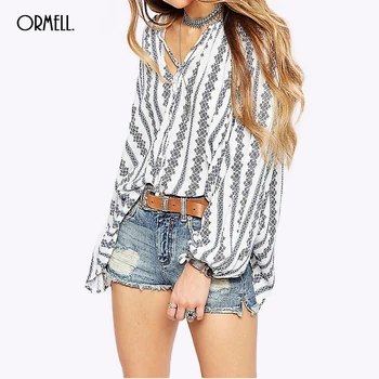 

ORMELL Women Vintage Paisley Pattern V Neck Blouses Long Sleeve Loose Casual White Shirts Camisas Femininas Retro Geometric Tops