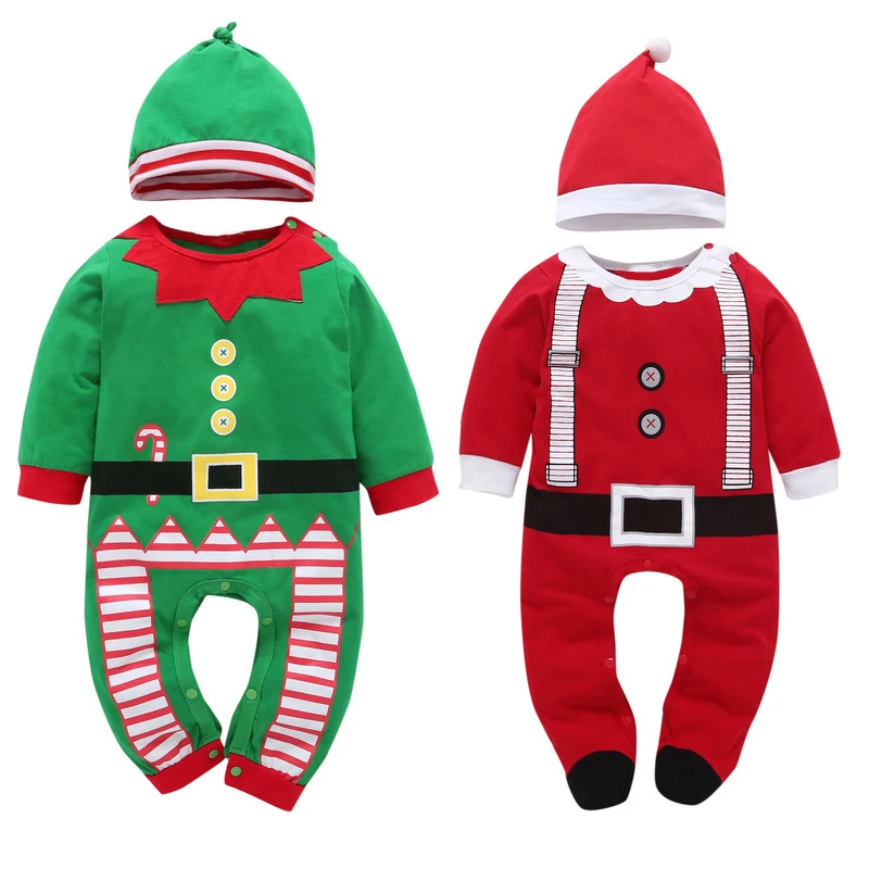 Рождественские комбинезоны для малышей, костюм детская одежда для новорожденных весенний комплект детской одежды с длинными рукавами для младенцев, топ+ шляпа