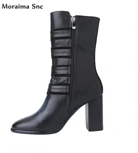 

Moraima Snc Brand Round toe platform high heel chic ladies handmade square heel Spring Autumn Riding boots fashion women black