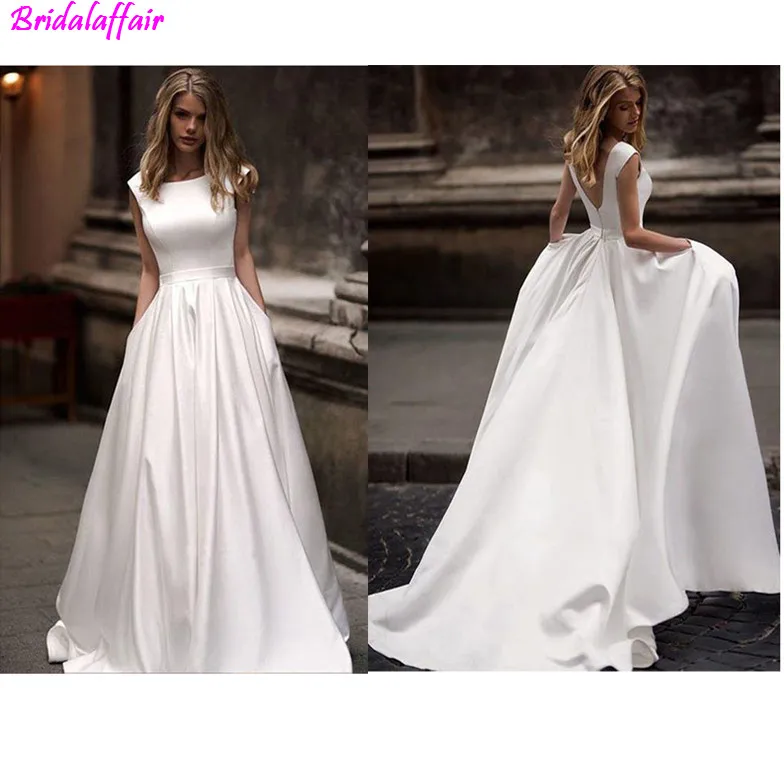 trajes de novia на заказ платье невесты линия открытая спина атласное свадебное платье Большой размер белое свадебное платье es с карманом