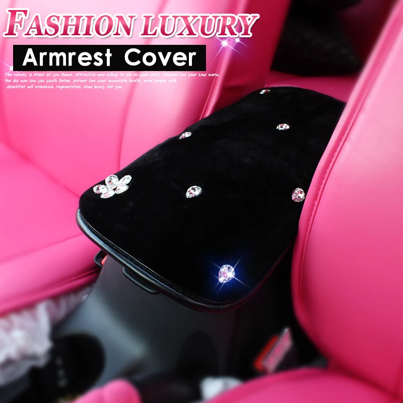 

Crystal Rhinestone Car Armrests Cover Pad Winter Plush Vehicle Center Console Arm Rest Box Luxury Cushion Covers Protector Women