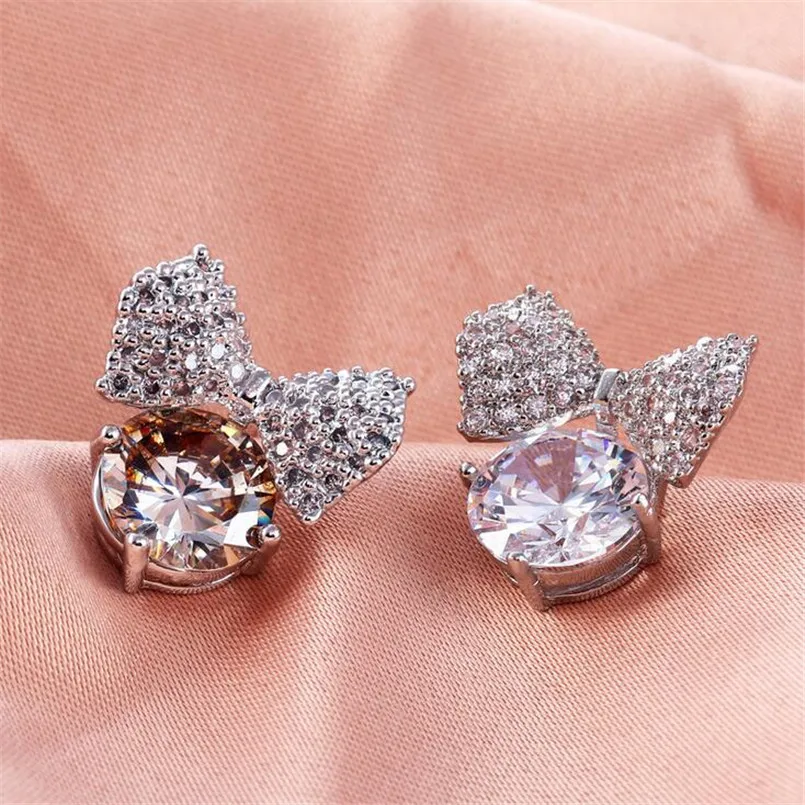 Fashion Brand Sweet Silver Zircon Stud Earring Allergy Bow All match