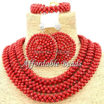 

Red African Bridal Jewelry Set Unique Nigerian Beads Wholesale Handmade Item BN170