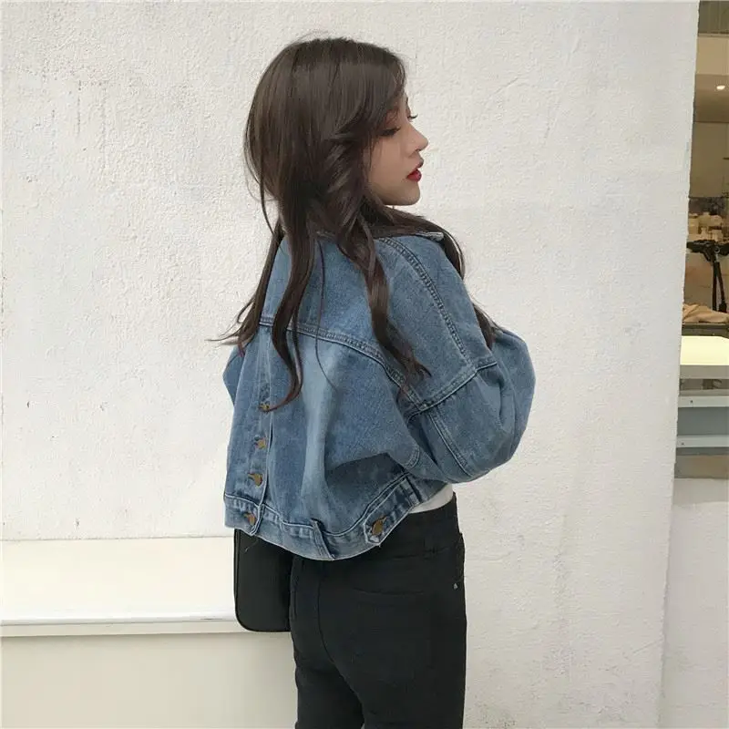 Women's denim jacket Women's large size retro denim jacket Long sleeve loose casual denim jacket