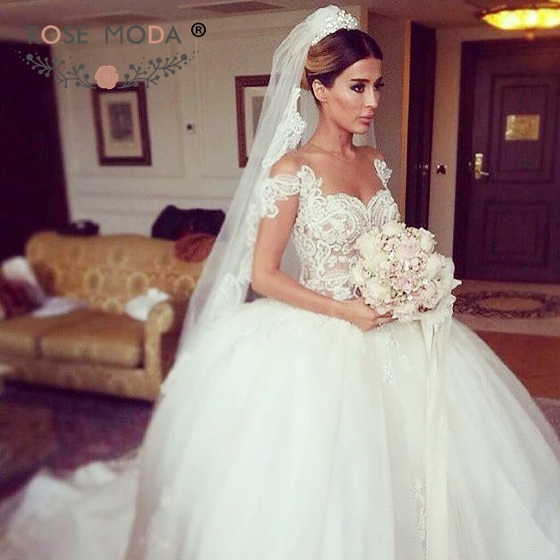 

Rose Moda Luxury Princess Tulle Wedding Dress 2019 with Pearls Short Sleeves Lace Bridal Dress
