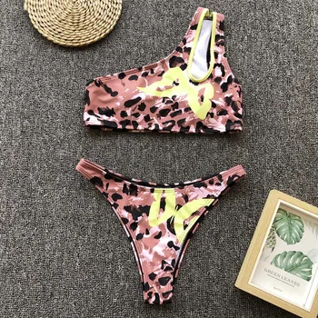

One Shoulder Leopard Split Two Pieces Swimwear Bikini 2019 High Elasticity Butterfly Printed Swimsuit Women Swimming Beachwear