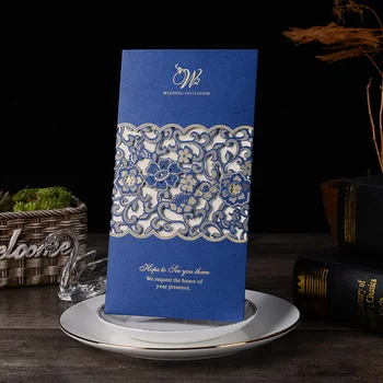 

50pcs Blue Laser Cut Wedding Invitations Card Rose Flower Greeting Card Customize Print Envelopes Wedding Event Party Supplies
