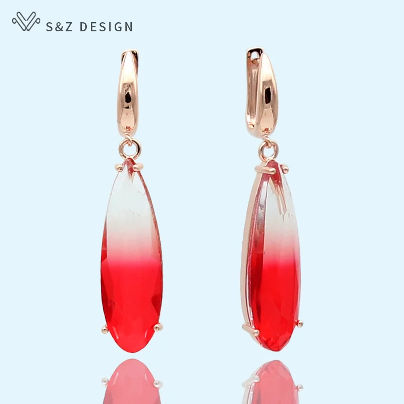 

S&Z 2019 Spring Summer Colorful Gradient Large Long Water Drop Zircon Dangle Earrings 585 Rose Gold For Women Wedding Jewelry