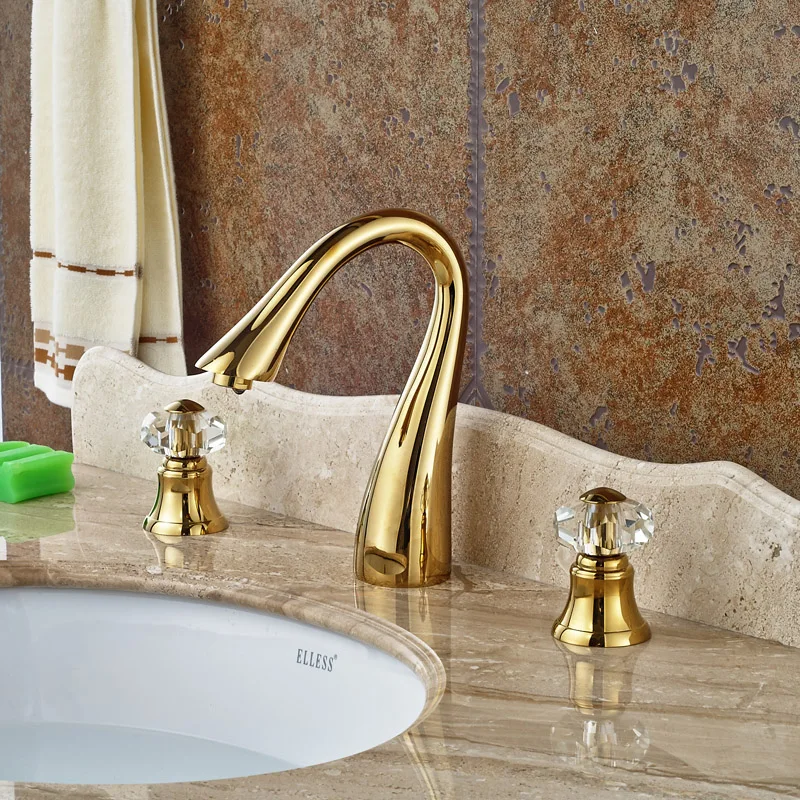 3PCS Golden Bathroom Basin Faucet Double Handles 3 Holes Deck Mounted Mixer Taps 