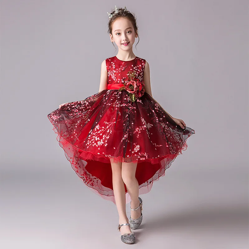 Платье принцессы с вышивкой и шлейфом для девочек; великолепные пышные Детские Платья с цветочным узором на свадьбу, день рождения, вечеринку; Детский костюм для девочек - Цвет: red