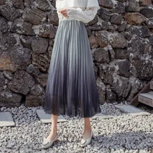 Женские юбки из тюля и сетки с градиентным принтом, летняя мода, Повседневная Уличная одежда, эластичная резинка на талии, фатиновые Макси плиссированные юбки для женщин