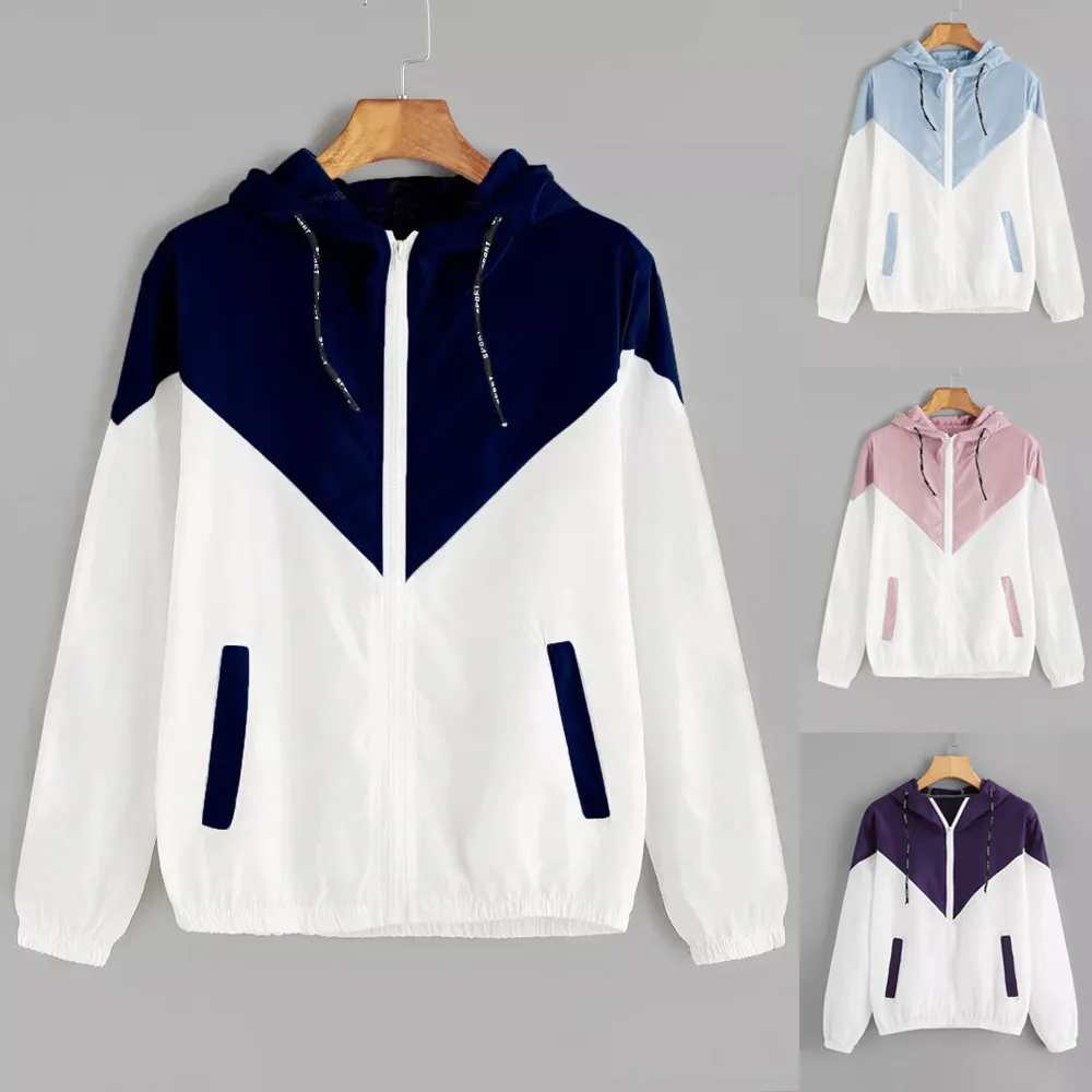 

Plus Size Women Basic Jacket Female Zipper Pockets Casual Long Sleeves Coat Autumn Hooded Jacket Two Tone Windbreaker Jacket 30#