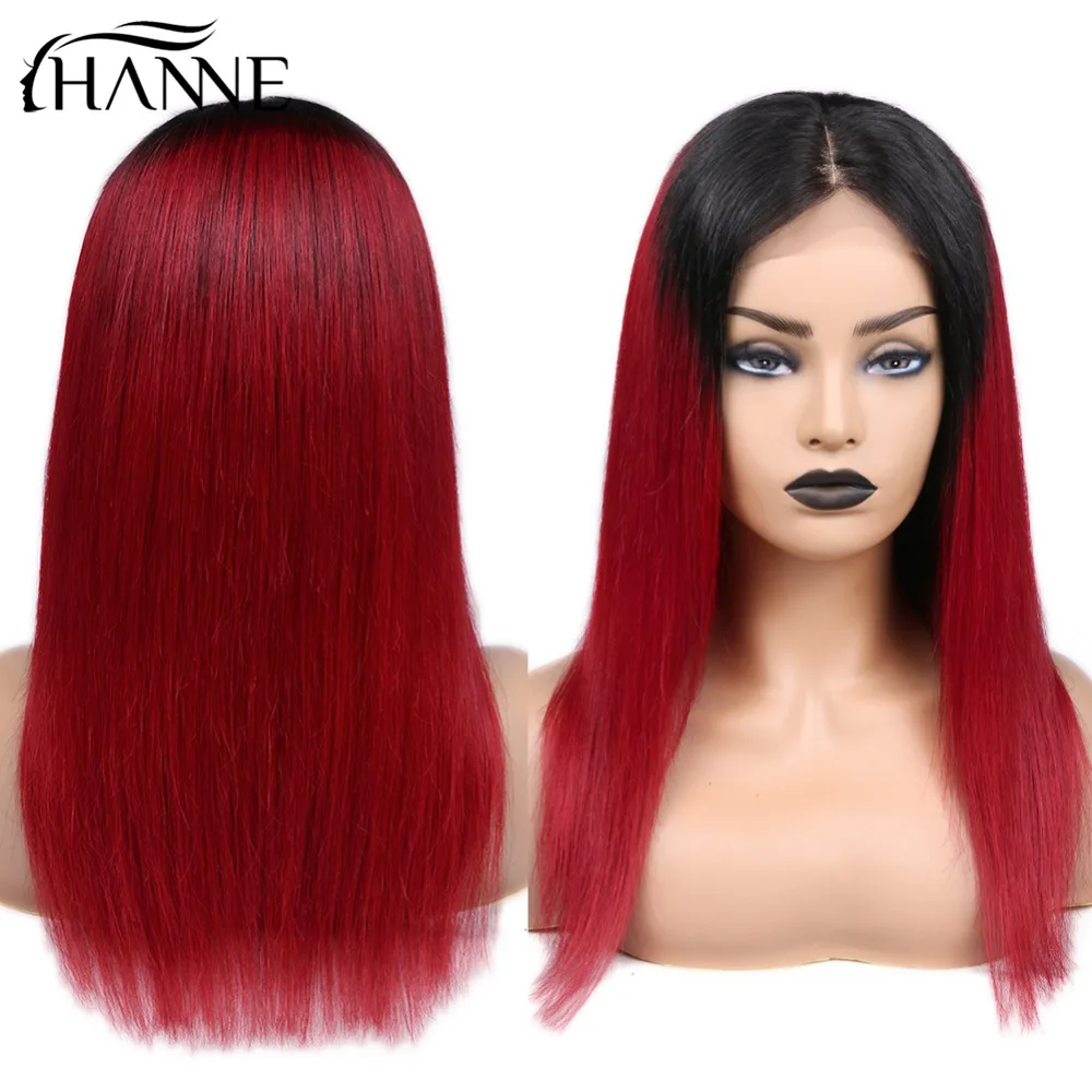 HANNE Two Tone 1B/Red Human Hair Wigs Straight Brazilian Remy Hair 4*4 Lace Front Wigs Wine Red