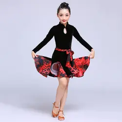 Дети костюмы для латинских танцев платье обувь девочек с длинным рукавом бархатный костюм дети бальное Танго Сальса ча конкурс