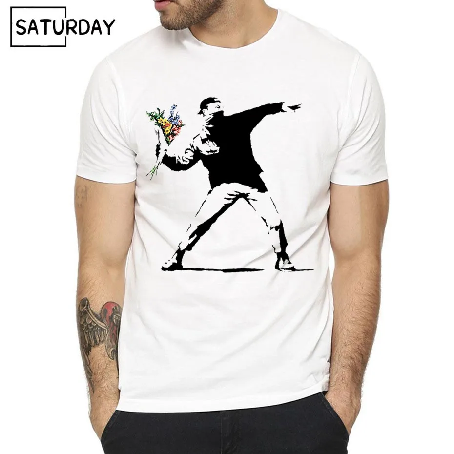 

Men Flower Thrower Banksy Panda Guns Urban Art T-shirt Women Summer Unisex Short Sleeves O-Neck Hipster T-shirt Casual Clothes