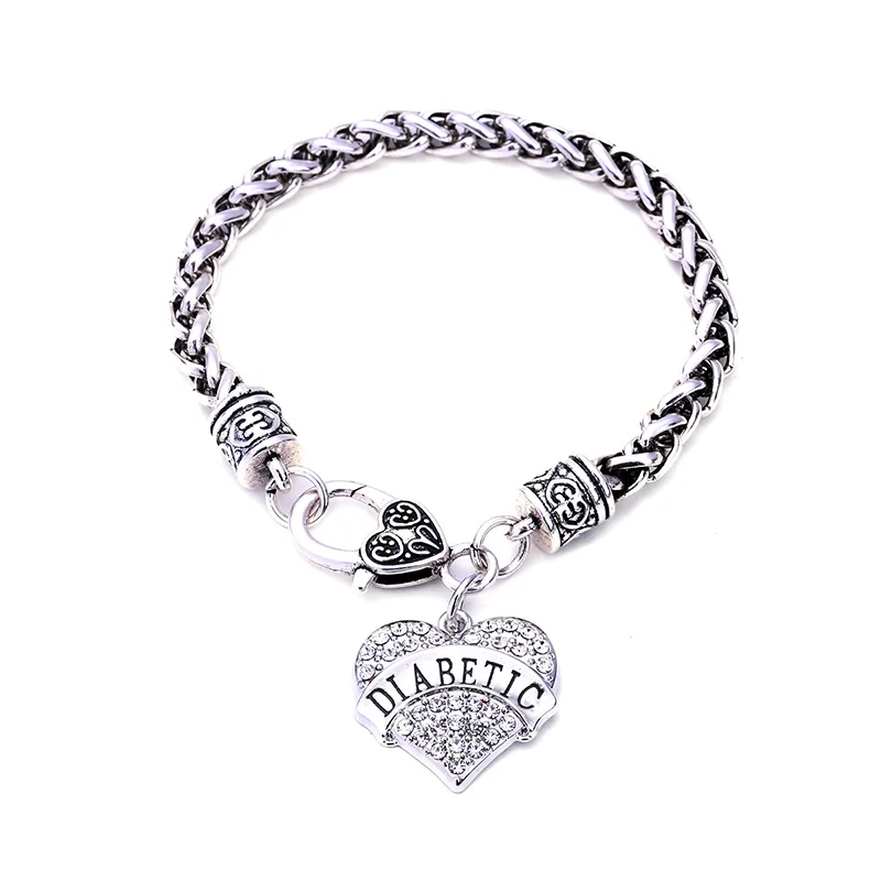 DIABETIC Bracelets Awareness Medical Alert Charm Bracelet White Rhinestone Heart for women
