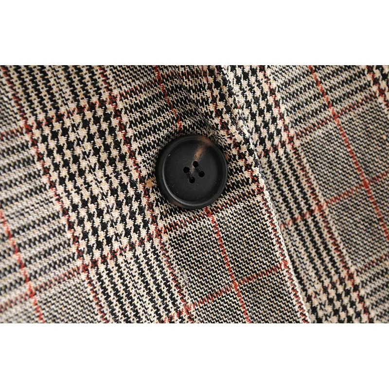 Leisure Plaid Long-sleeved Medium-long Suit Coat Single Breasted Notched Pockets Office Lady Women Blazers and Jackets Leisure Plaid Long-sleeved Medium-long Suit Coat Single Breasted Notched Pockets Office Lady Women Blazers and Jackets