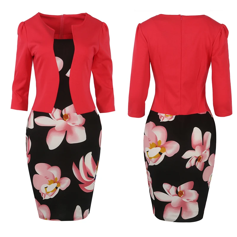 red Floral Print Elegant Pencil Dress 