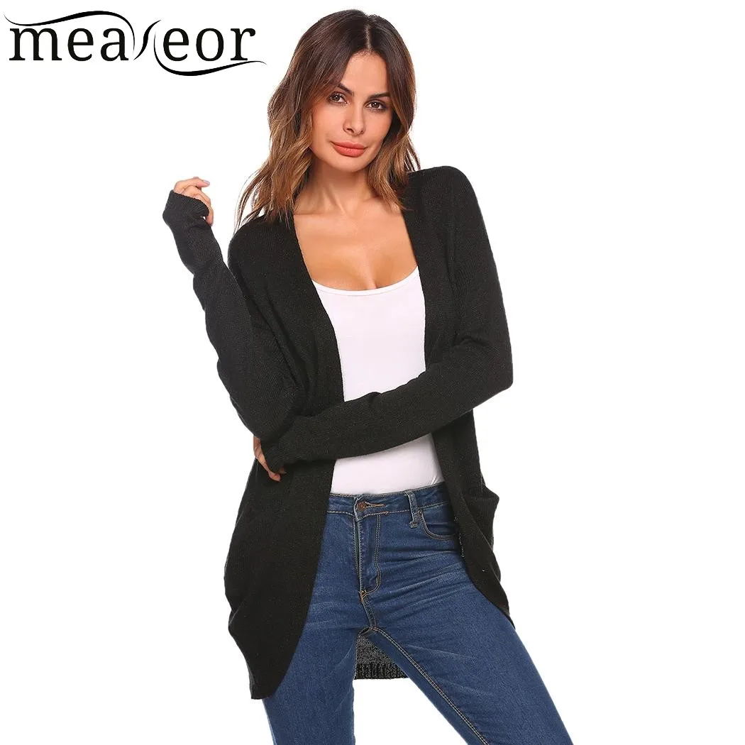 Meaneor 2018 Autumn Fashion Women Cardigan Sweater Thumb Hole Long Sleeve Solid Open Front Pockets Winter Sweater Cardigans Tops Sweaters
