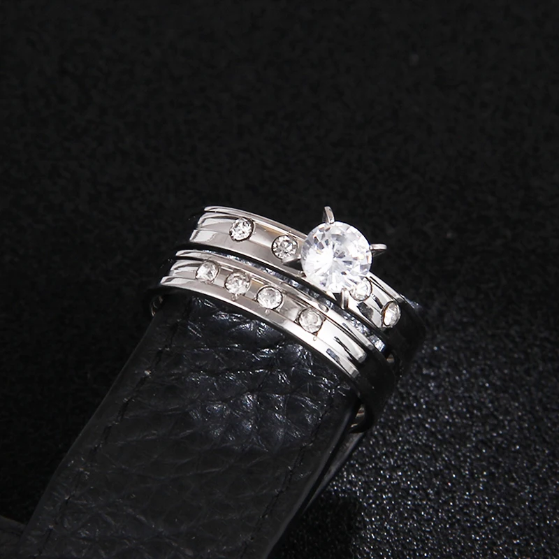 CACANA Stainless Steel Wedding Ring For Lovers IP SILVER Color Crystal CZ Couple Rings Set Men Women Engagement Wedding Rings