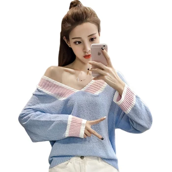 

Women V-neck Pullover Sweaters Loose Solid Cotton Long Sleeve Girls Sweet Female Long Sleeve Knitted Tops Autumn Pullovers D264