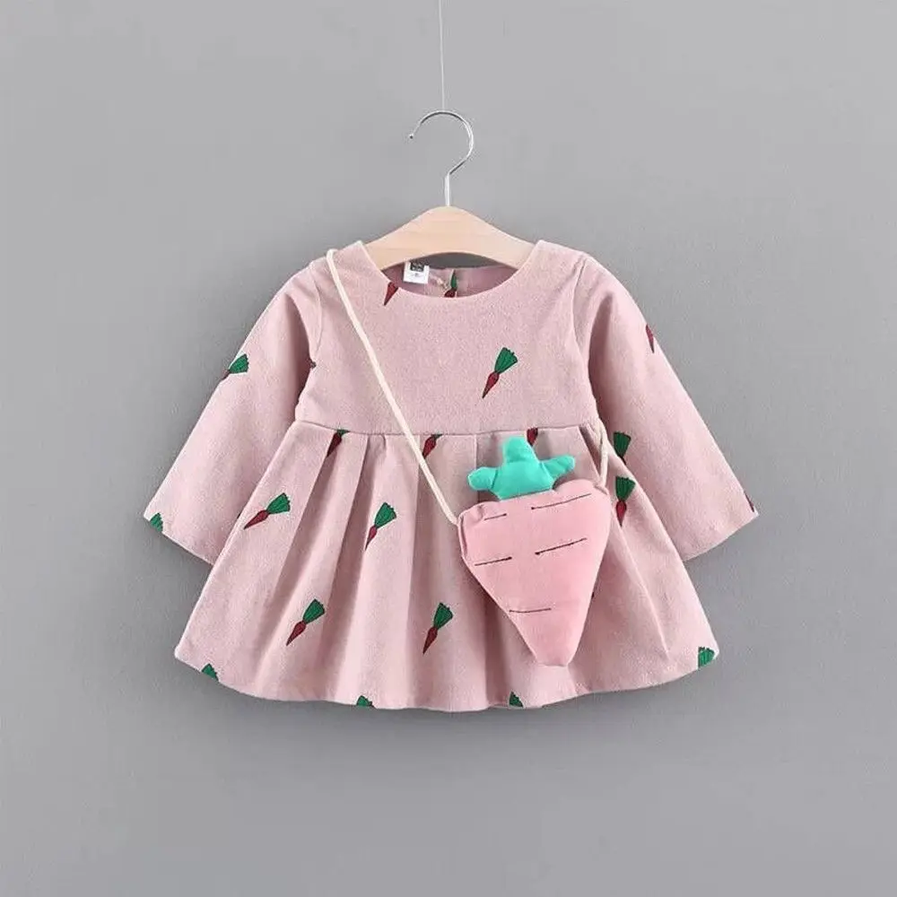 

2PCS Cotton Newborn Baby Kids Girl Dress Long Sleeve Autumn Winter Carrot Party Princess Tutu Dress+Bag Outfits