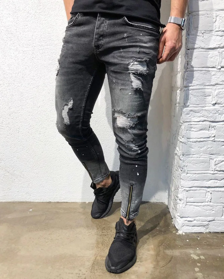 New Men Ripped holes jeans Zip skinny biker jeans black jeans with Pleated patchwork slim fit hip hop jeans men pants