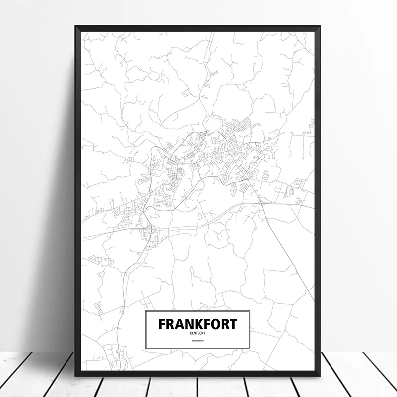 

FRANKFORT, KENTUCKY, UNITED STATES Black White Custom World City Map Poster Canvas Print Nordic Style Wall Art Home Decor