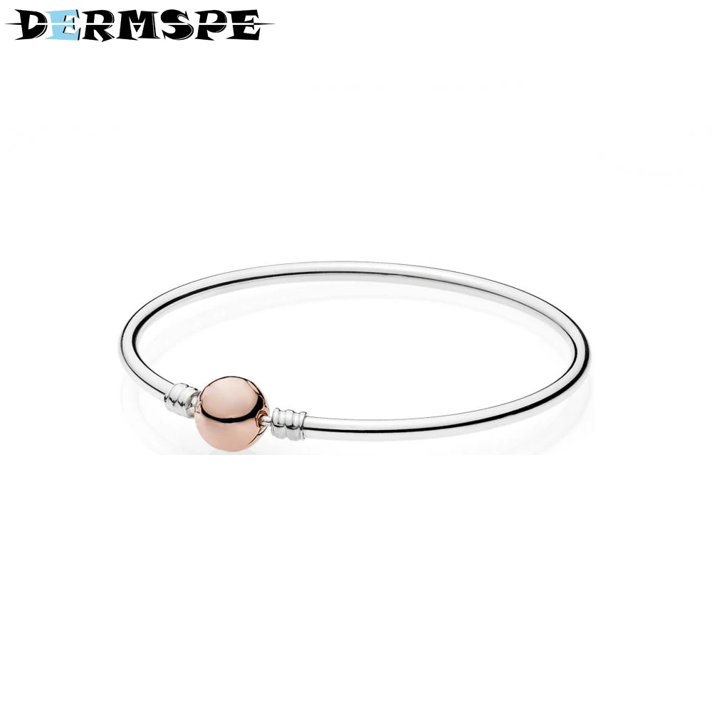 

DERMSPE 925 Sterling Silver Rose Gold autograph Silver Bangle Fit DIY Original Charm Bracelet Women Merry Christmas Jewelry