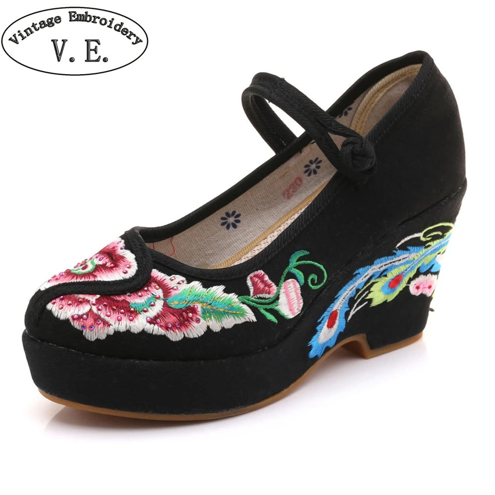 Ethnic Flower Feather Embroidered Women Pump Shoes Ankle Strap Canvas