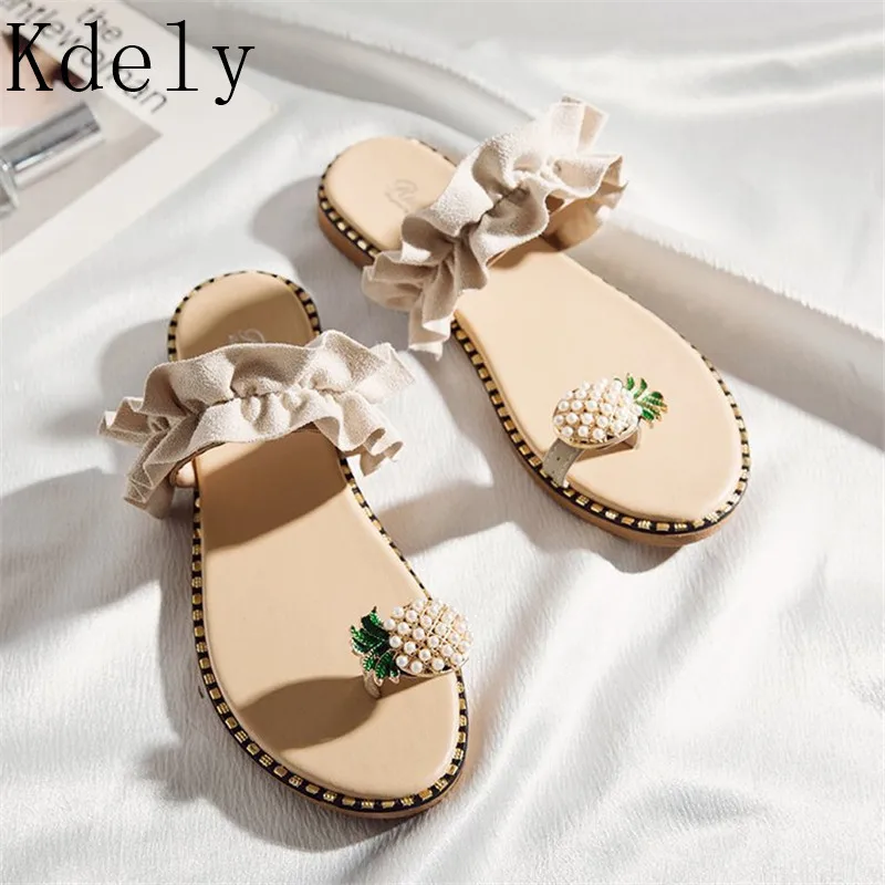 

2019 Hot Summer Flat Heel Women Ladies Sandals toe ring Bohemia Sandals With ananas Flat Shoe Outdoor Holiday Slides 35-39