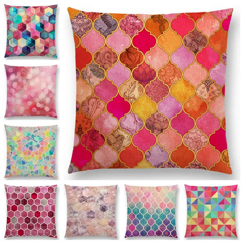 

Hot Sale Rainbow Pastel Watercolor Moroccan Hexagon Pattern Colorful Gemstone Crystal Cubes Cushion Cover Sofa Throw Pillow Case