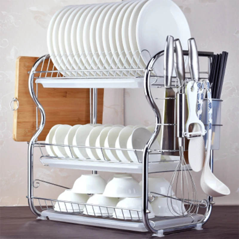 

New Household Drain Dish Rack Set Three Layers Storage Rack Kitchen Shelf Plate Dish Cutlery Cup Rack With Tray Drain Bowl Rack