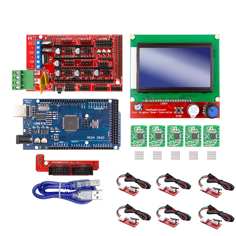 Для Arduino 3d Принтер Комплект Mega 2560 R3+ RAMPS 1,4 контроллер+ lcd 12864+ 6 концевой выключатель Опора+ 5 A4988 шаговый драйвер