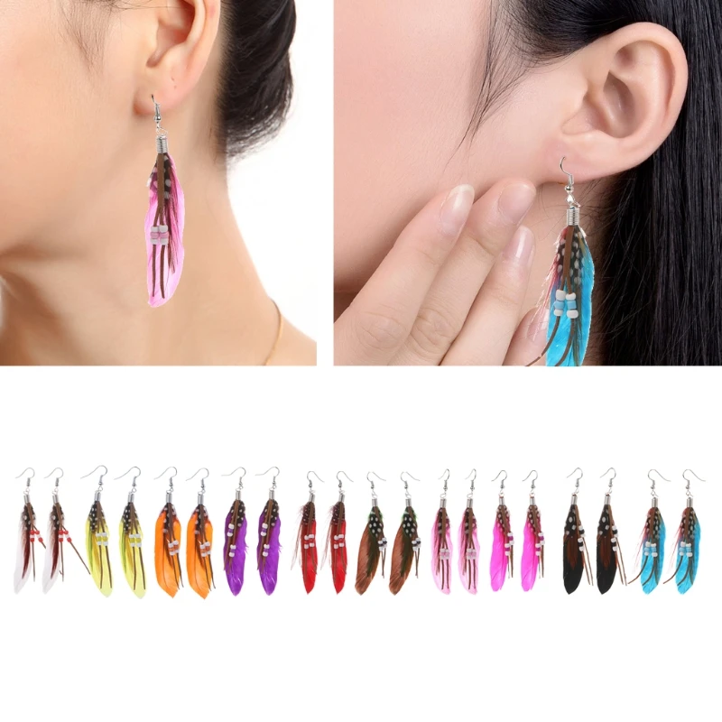 

1 Pair Bohemia Handmade Natural Goose Feather Beads Tassel Dangle Earrings Women