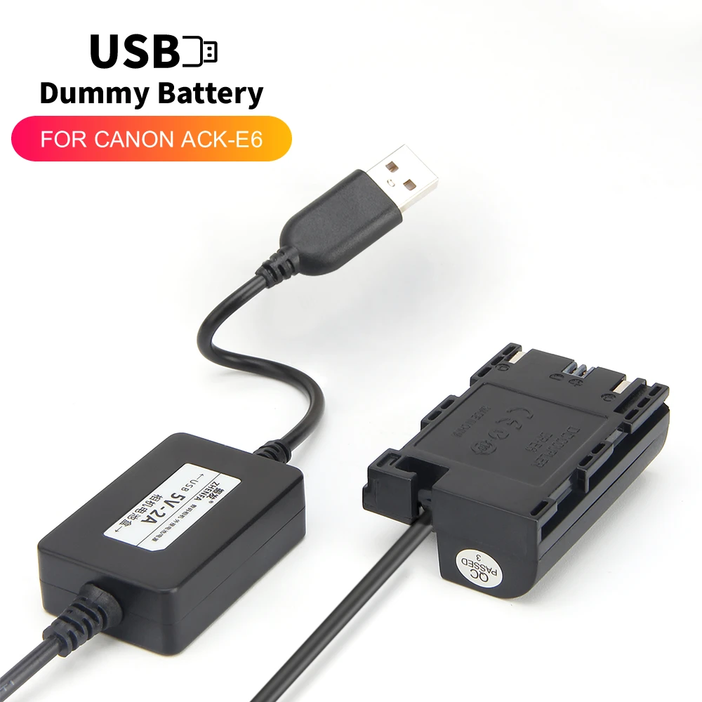 

5V USB LP-E6 Dummy Battery for Canon EOS R5 R6 5D2 5D3 5D4 6D 7D 60D 60D 70D 80D 90D 5DMark II III ACK-E6 DR-E6 Power Adapter